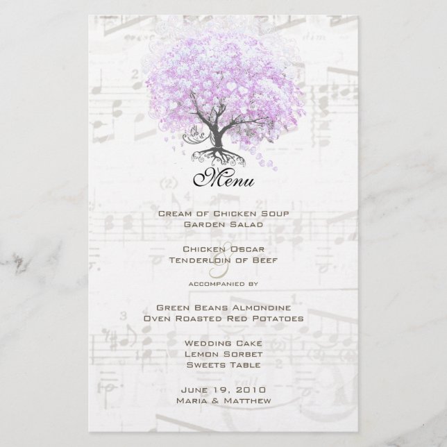 Menu de Casamento de Aves da Árvore de Lavanda Fol (Frente)