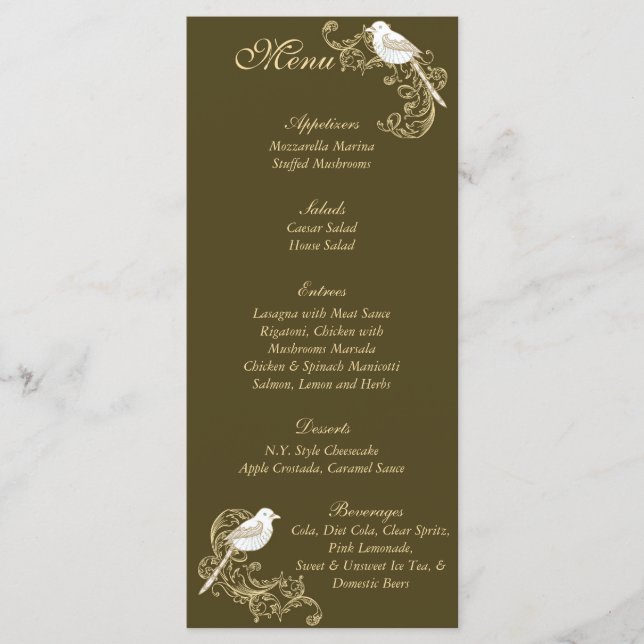 Menu de Casamento de Aves Marrons/Cremes (Frente)