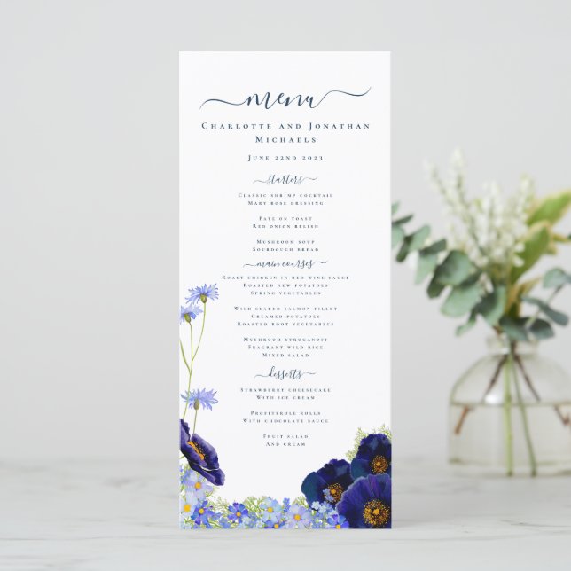 Menu de Casamento de Azul de Flor Selvagem Moderna (Em pé/Frente)