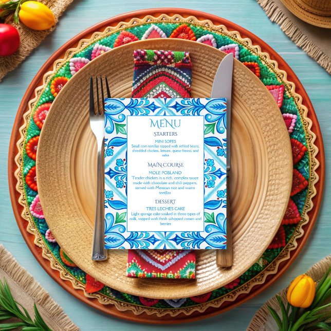 Menu de casamento de azulejos Aqua Blue Talavera (Aqua Blue Talavera tiles vintage Mexican wedding menu cards personalized wedding reception decor)