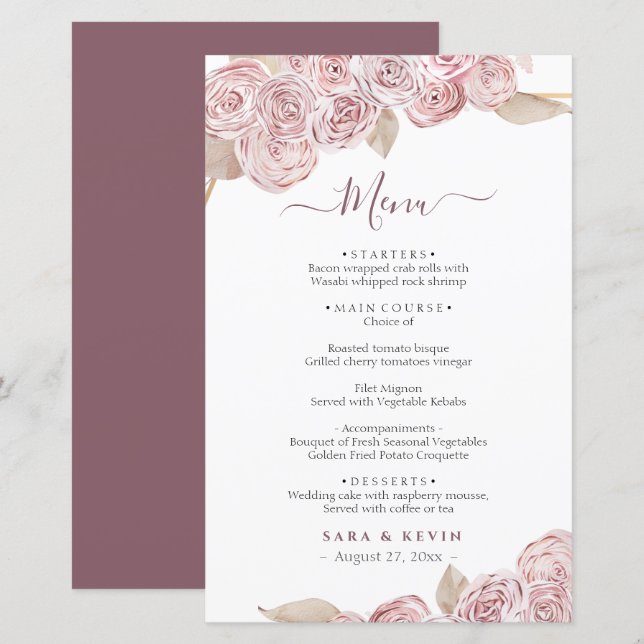 Menu de Casamento de Baunilha Floral Rosa Elegante (Frente/Verso)