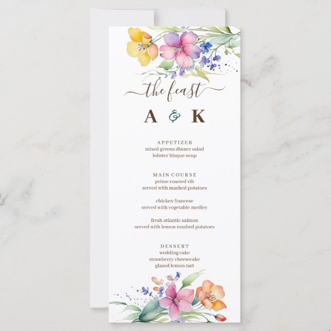 Menu de Casamento de Blooms Amarelos Cor-de-Rosa (Frente)