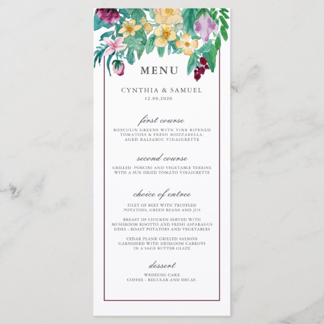 Menu de Casamento de Blooms Modern Watercolor (Frente)