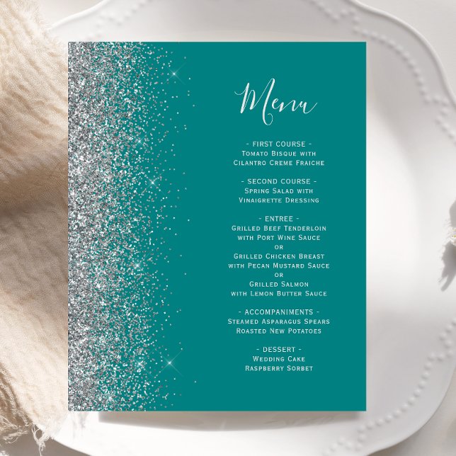 Menu de Casamento de Borda da Glitter Azul de Teal (Criador carregado)
