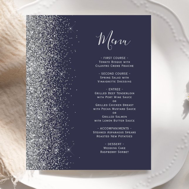 Menu de Casamento de Borda da Glitter Azul Escuro  (Criador carregado)
