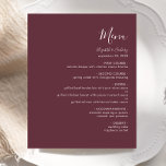 Menu de Casamento de Borgonha do Script Moderno de<br><div class="desc">Este simples cardápio moderno de casamento mostra um texto branco sobre um fundo burguês escuro. A palavra "Menu" aparece na caligrafia na moda. Adicione o nome do casal e a data do casamento em script e itálico, juntamente com os detalhes do menu na fonte sans serif. O lado inverso é...</div>