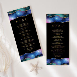 Menu de Casamento de Caligrafia Dourada Azul em Pr