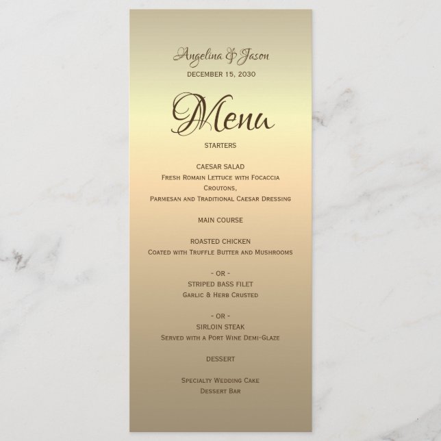 Menu de Casamento de Caligrafia Dourada Elegante (Frente)