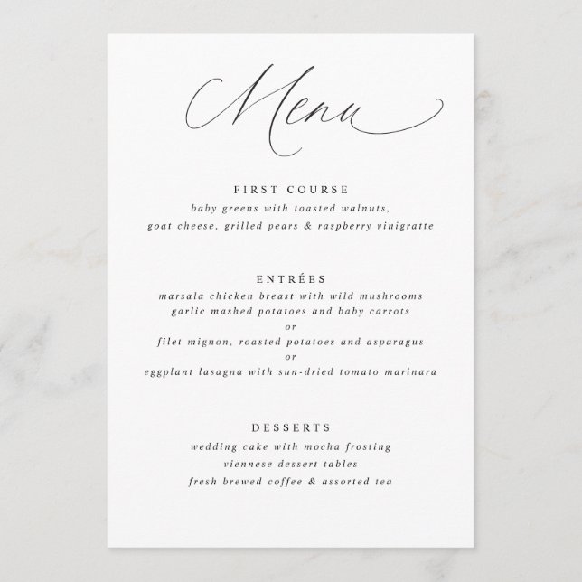 Menu de Casamento de Caligrafia Simples Elegante (Frente)