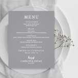 Menu de Casamento de Cinzas Elegante Simples de Or<br><div class="desc">Um barato de 80 lb. de peso, essas pequenas placas de menu de janto de cinzas apresentam suas opções de comida em letras brancas quentes. Perfeito para uma recepção de casamento moderna, janto de ensaio de casamento, festa de aniversário, ou qualquer evento especial com um janto sentado. *Medidas de 4,...</div>