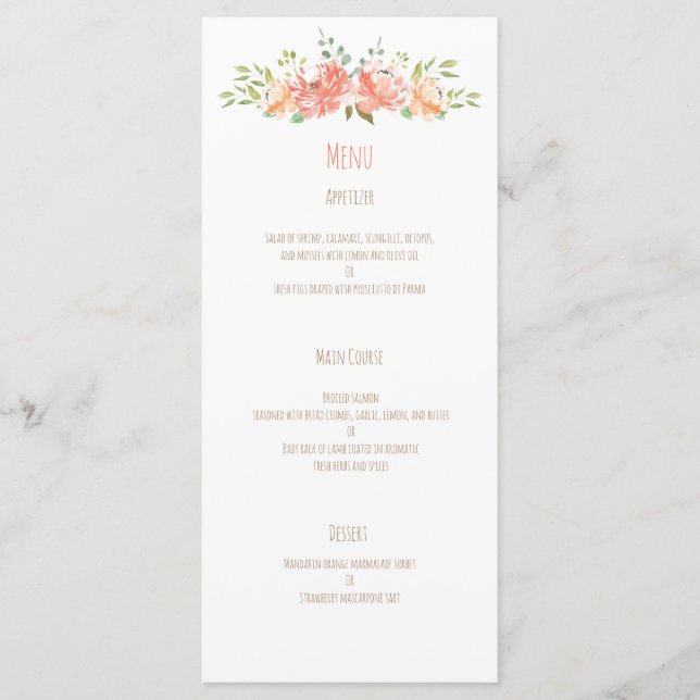 Menu de casamento de cor aquosa de flor de pêssego (Frente)