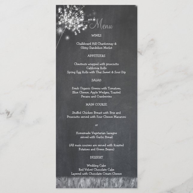 Menu de Casamento de Dandelions Chalkboard Glitter (Frente)