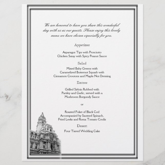 Menu de Casamento de Destino de Filadélfia (Frente)