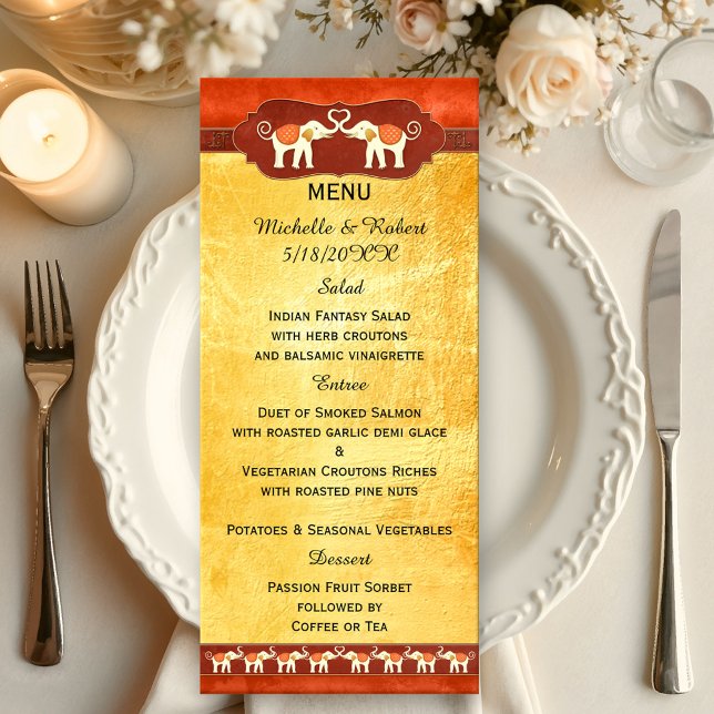 Menu de Casamento de Elefantes Românticos (Wedding menu featuring two ivory colored elephants in love with their tribes cheering them on)