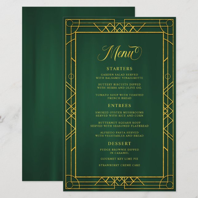 Menu de Casamento de Esmeralda Geométrica Dourada (Frente/Verso)