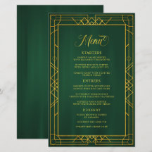 Menu de Casamento de Esmeralda Geométrica Dourada