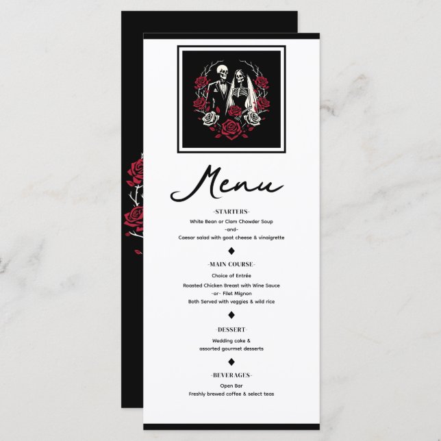 Menu de Casamento de Esqueleto de Rosas Brancas Ve (Frente/Verso)
