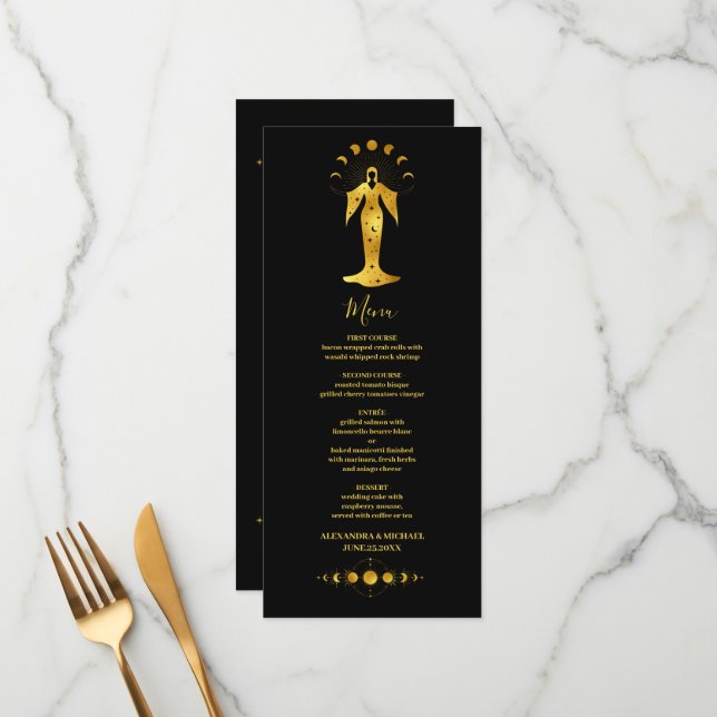 Menu de Casamento de Estrelas Celestiais Douradas  (Frente/Verso In Situ)