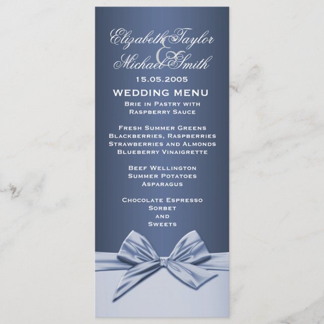 Menu de Casamento de Fita Elegante Azul de Luxo (Frente)