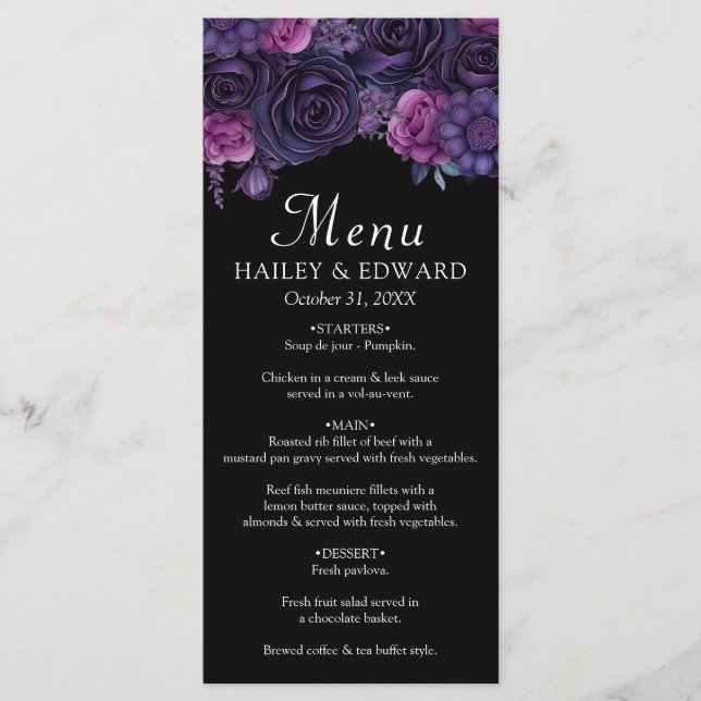 Menu de Casamento de Florais Góticos Roxos Escuros (Frente)