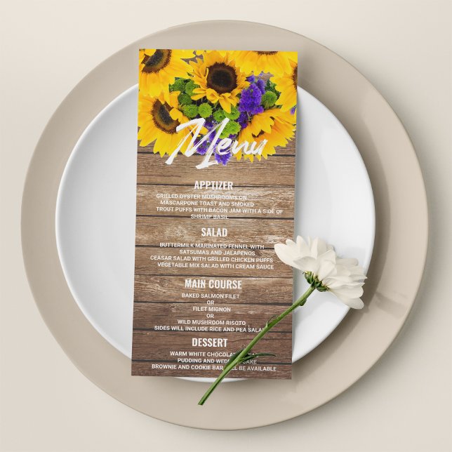 Menu de Casamento de Flores de Girassol da Madeira (Rustic brown wood sunflower floral Wedding Menu )