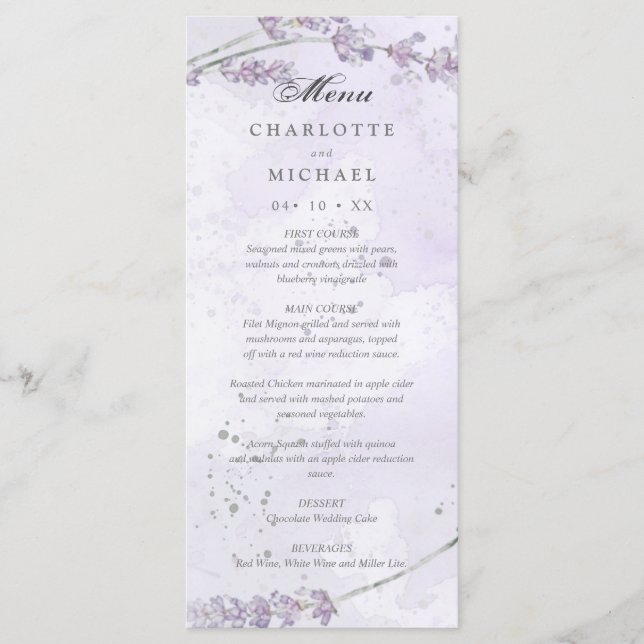 Menu de casamento de flores de lavanda aquática (Frente)