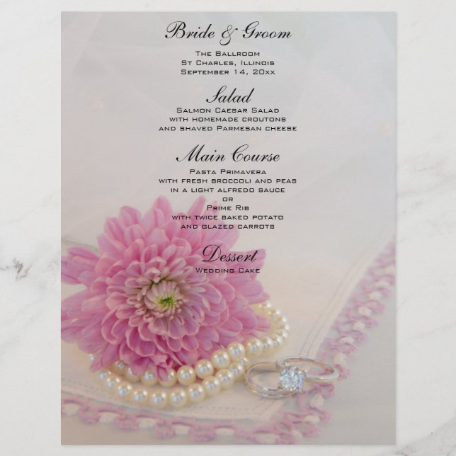 Menu de Casamento de Flores, rendas e anéis, cor-d (Frente)
