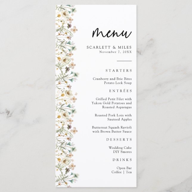 Menu de Casamento de Flores Selvagens (Frente)
