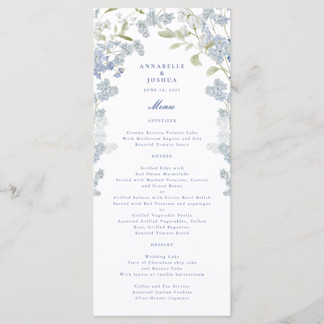 Menu de Casamento de Florestas Azul Francês (Frente)