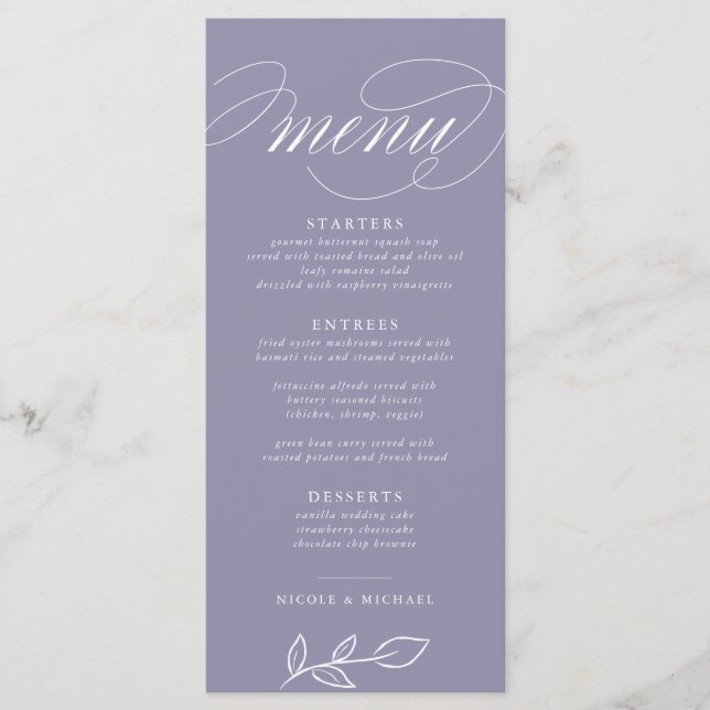 Menu de Casamento de Folgas Mínimas de Violeta Sua (Frente)