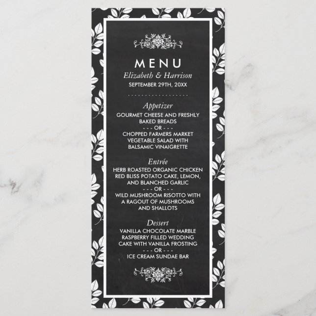Menu de Casamento de Folha Floral Chalkboard (Frente)