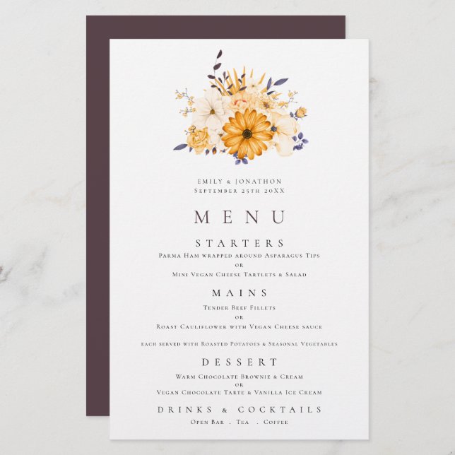 Menu de Casamento de Folhagem de Florestas Amarela (Frente/Verso)