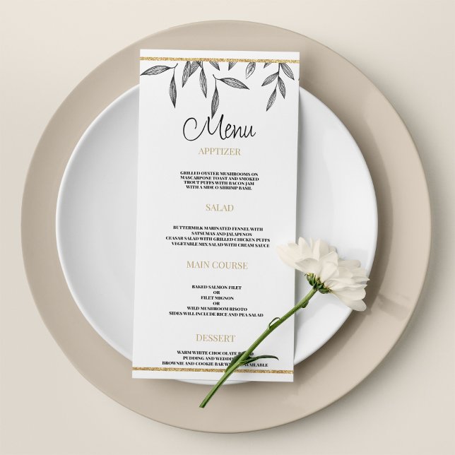 Menu de Casamento de Folhagem de Ouro Branco Simpl (Simple black white gold foliage Wedding Menu)