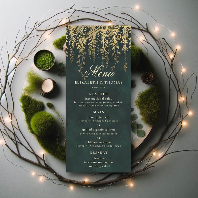 Menu de Casamento de Folhagem Dourada Mágica de Fl (wedding menu card enchanted forest fairytale gold vines calligraphy)