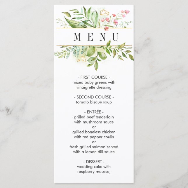 Menu de Casamento de Folhagem Verde Floral Selvage (Frente)