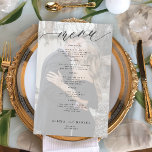 Menu de casamento de fotos em preto e branco<br><div class="desc">Simples cobertura personalizada de fotos com cartão de menu de barato do BUDGET de caligrafia minimalista em preto e branco.</div>