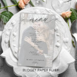 Menu de casamento de fotos românticas de orçamento<br><div class="desc">Simples caligrafia negra minimalista em moda branca, script personalizado de caligrafia com legenda de fotos e texto com modelo barato no folheto de papel do menu de casamento do BUDGET. LEIA ISSO ANTES DE COMPRAR! Este é um programa de orçamento barato impresso no PAPER FLYER (tipo de publicidade). , OBSERVEM...</div>