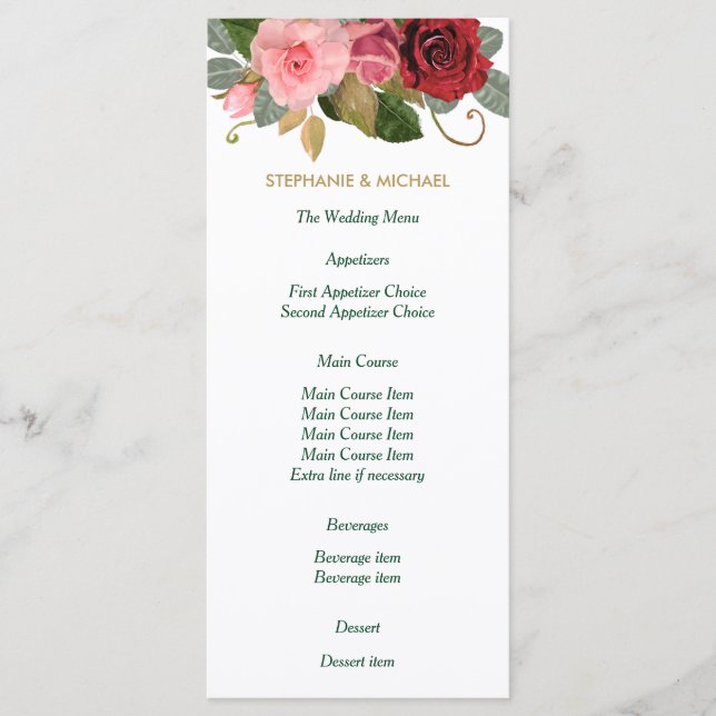 Menu de Casamento de Fronteira de Rosa Vermelha e  (Frente)