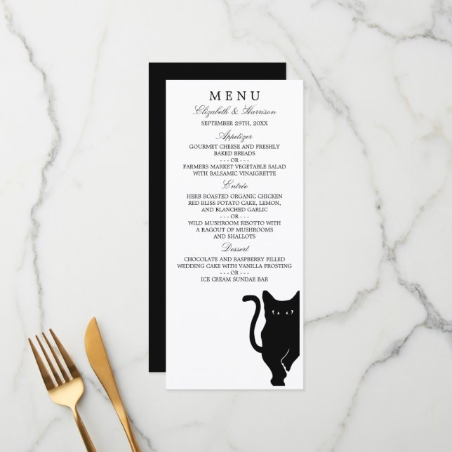 Menu de Casamento de Gatos Negra Brancos Modernos (Frente/Verso In Situ)