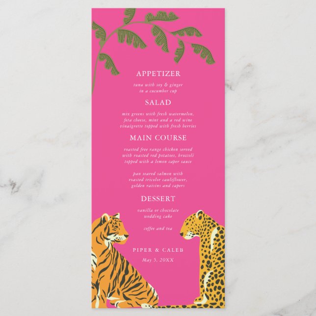 Menu de Casamento de Gatos Selvagens Tropicais (Frente)
