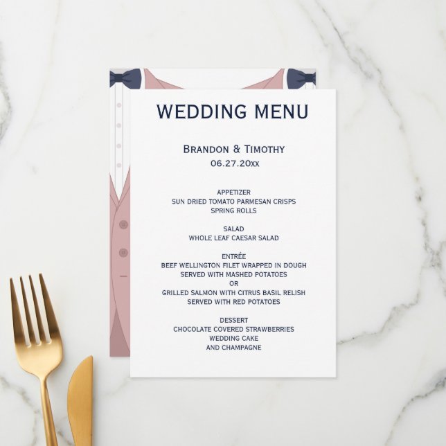 Menu De Casamento De Gay Azul E Rosa Elegante (Frente/Verso In Situ)