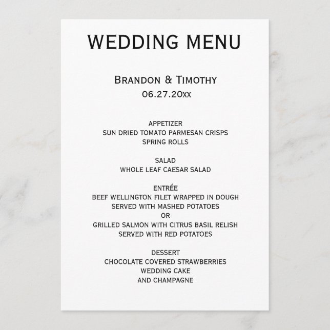 Menu de Casamento de Gay Branco e Preto Personaliz (Frente)