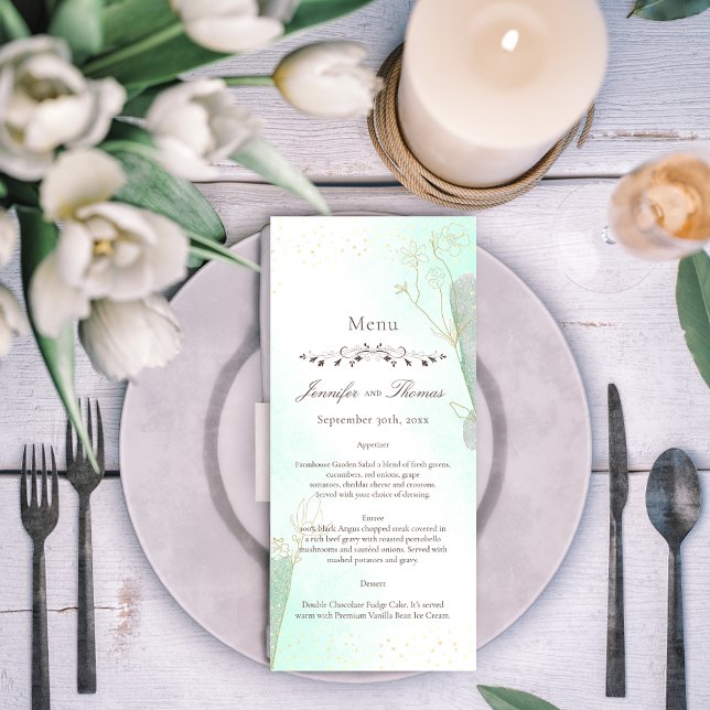 Menu de Casamento de Glitter Botânico Verde Radian (Criador carregado)