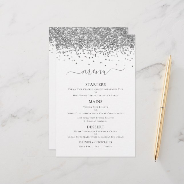 Menu de Casamento de Glitter Silver Elegante de Or (Frente/Verso In Situ)