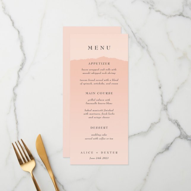 Menu de Casamento de Gradiente de Blush Elegante (Frente/Verso In Situ)