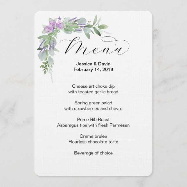 Menu de Casamento de Greenerescência e Lavanda (Frente)