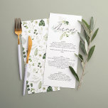 Menu de casamento de guião botânica moderna verde<br><div class="desc">Moderno e monocromático cardápio de decoração floral e botânica. Com belos textos de roteiro e verde-sábio,  cinzas e detalhes de coloração d'água da folhagem branca. Esta coleção de casamento moderna é certamente o estilo para o seu grande dia.</div>