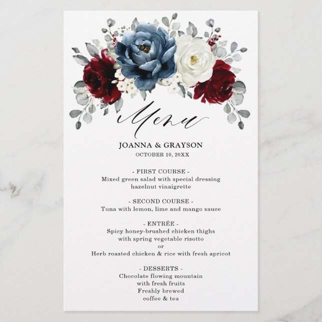 Menu de Casamento de Ivory Boho White Burgundy Blu (Frente)