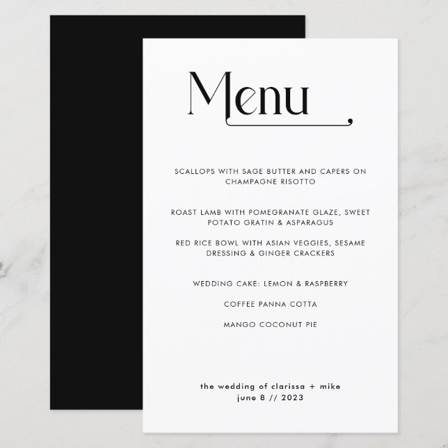Menu de Casamento de Janto de Tipografia Mínima Mo (Frente/Verso)