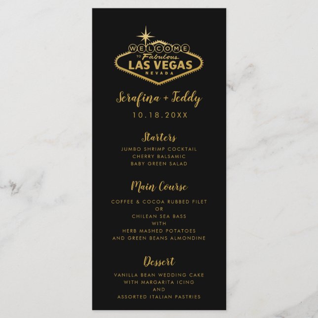 Menu de Casamento de Las Vegas Dourado Preto (Frente)
